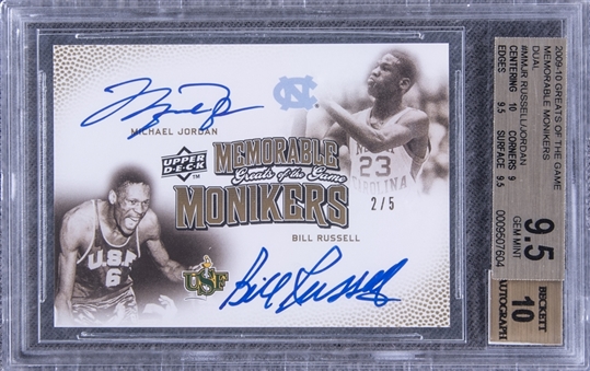 2009/10 Greats of the Game "Memorable Monikers" #MMJR Bill Russell/Michael Jordan Dual Signed Card (#2/5) – BGS GEM MINT 9.5/BGS 10